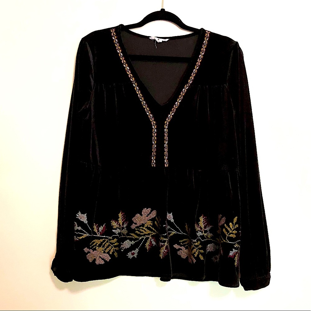 Black Velvet Tiered V-Neck Embroidered Top